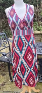 MONSOON S 22 Cerise & Blue Chevron Silk Halterneck Special Occasion Dress - Picture 1 of 21