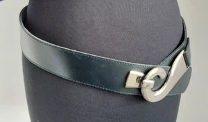 Vintage low rise waist belt black leather with silver buckle SIZE M - Picture 1 of 7