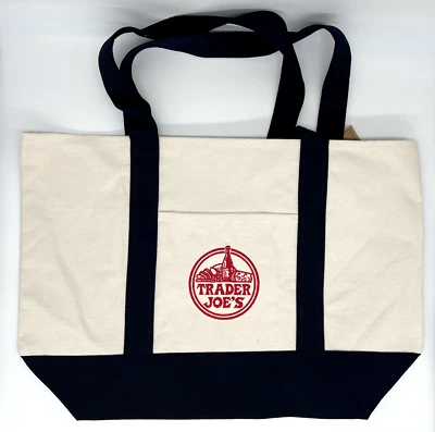 NEW Trader Joe's Canvas Cotton Tote Natural/Navy Blue Large - Image 1 of 4