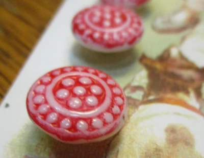 Set of 4 Vintage 5/8" red flower dot Painted Glass Buttons~NOS - Image 1 of 2
