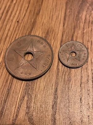 1887 & 1888 BELGIUM CONGO COINS 1&5 CES LEOPOLDO II  - Image 1 of 2