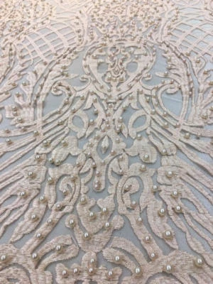 BEADED PEACH Fabric by the yard, 52" Wide Lace/ Mesh/ Scalloped - Image 1 of 3