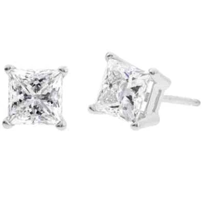 10k White Gold 1/4 Ct Created White Diamond Princess Cut Stud Earrings - Picture 1 of 5