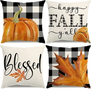 Fall Pillow Covers 18X18 Thanksgiving Farmhouse Decorations Buffalo Plaid Pumpki - Picture 1 of 12