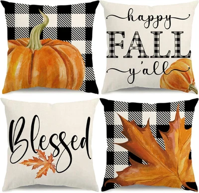 Fall Pillow Covers 18X18 Thanksgiving Farmhouse Decorations Buffalo Plaid Pumpki - Image 1 of 4
