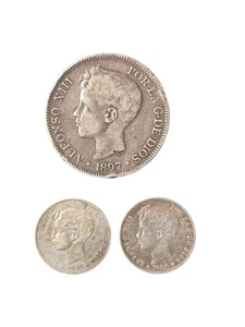 Spain Silver Coins - 5 Pesetas 1897, 1 Peseta 1899, 1900 - Picture 1 of 2