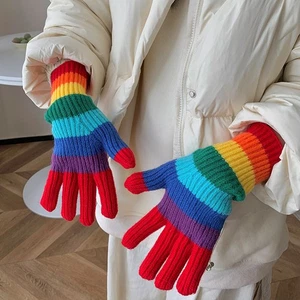 Women Rainbow Knitted Gloves Touchscreen Mittens Unisex Cute Novelty Winter Warm - Picture 1 of 17