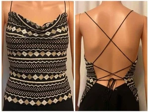 ST. JOHN Sz 2 Rayon Sleeveless Black White Silver Gold Feminine Backless Top - Picture 1 of 17