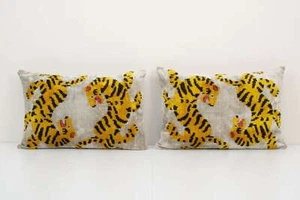 Pair Tiger Ikat Velvet Pillow, Silk Lumbar Cushion Cover - Picture 1 of 6