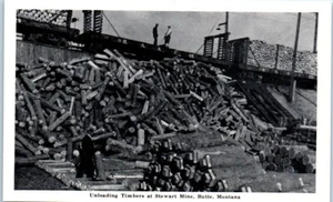 UNLOADING TIMBERS Stewart Mine BUTTE, Montana MT logging - Postcard - Picture 1 of 2
