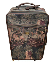 Vtg Capezio Fox Hunt Small Rolling Luggage Tapestry w/ Leather Equestrian Dogs