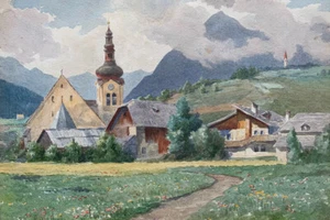 Gebirgsdorf mit Kirche. Unsigniert. Alter um 1920-25. Mit Rahmen: 22x29,7 cm. - Picture 1 of 4