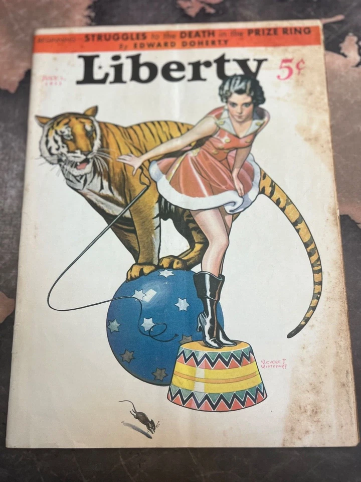 Liberty Magazine July 1933 Vintage Illustrated Cover Circus & Tiger Delmart DM8 - Image 1 of 4