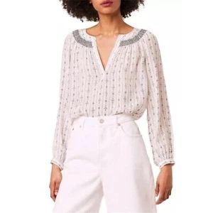 NEW NWT French Connection Almedi Printed Smocked Blouse Summer White SIZE L - Picture 1 of 9