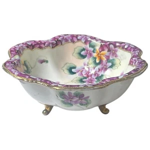 Nippon Noritake Hand Painted Purple Violets Bowl Footed Scalloped Beaded Gold 7" - Picture 1 of 14