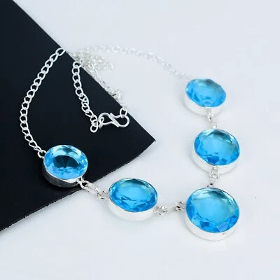 Topazio Blu Gemma a Mano 925 Argento Sterling Collana Per Valentine's Regalo - Immagine 1 di 4