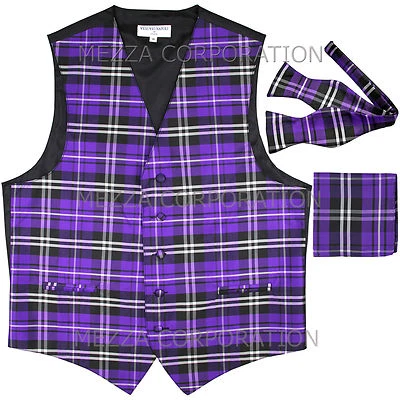 New Vesuvio Napoli Men's plaid Tuxedo Vest_Self Tie Bowtie & Hankie set Purple - Image 1 of 4