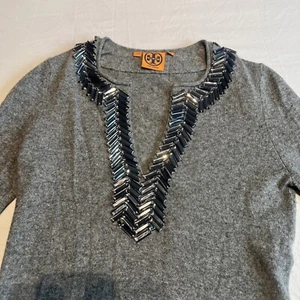 TORY BURCH Sweater Womens X- SMALL Merino Wool Cashmere Gray Rhinestone V Neck - Picture 1 of 13