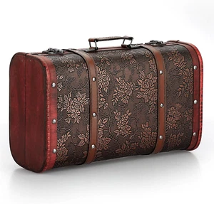 Vintage Wooden Storage Chest Portable Decorative Luggage Suitcase Treasure Box - Picture 1 of 12