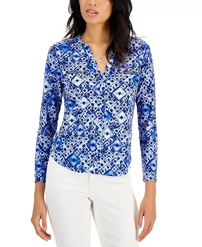 Inc International Concepts Women's Print Zip-Pocket Top, Sz PP - Image 1 of 1