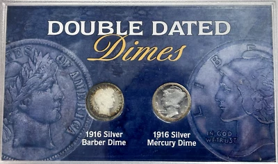 Set of 2 Double Dated Dimes - 1916 Barber & 1916 Mercury Dime In Case - Image 1 of 3