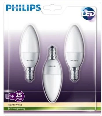 3pcs Philips 4W E14 LED Candle Small Edison Screw Frosted Warm White 250Lm  - Image 1 of 4