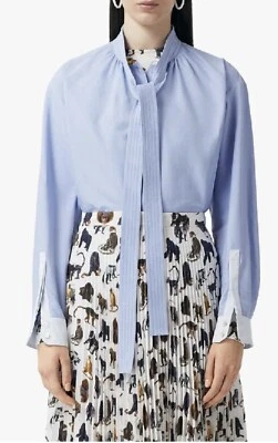 NUEVO CON ETIQUETAS Camisa Burberry Yolanda Talla 4 Azul Claro Algodón Popelina Cuello Atado Blusa $720 Foto 1 de 4