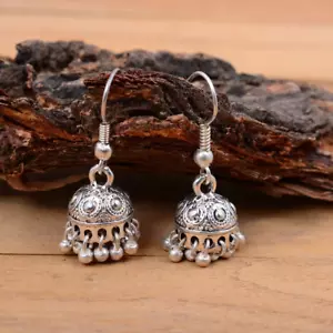 Dangle 925 Silver Indian Style Oxidized Jhumka Earrings For Women Wedding Wear - Picture 1 of 9