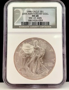 1996 - Silver Eagle S$1 - NGC MS 68 - 20th Anniversary - 959 of 2005 - Picture 1 of 2