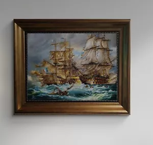 SCHLACHT von TRAFALGAR, HMS Victory, gerahmter Leinwand Premiumdruck mit Pinselstrich - Bild 1 von 18