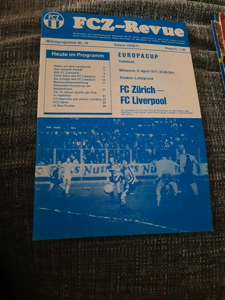 Fc Zurich V Liverpool Semi Final Football Programme 1976/77 - Image 1 of 1