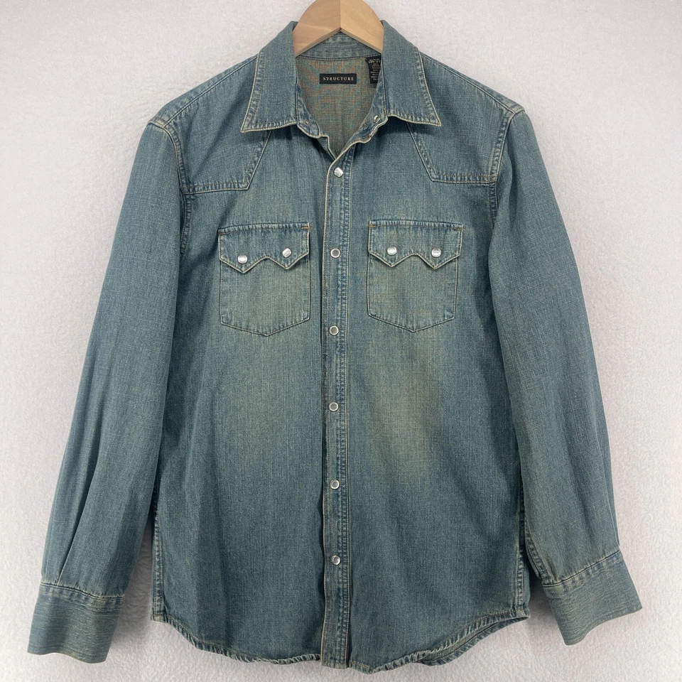 STRUCTURE Shirt Mens S Denim Western Utility Jean Pearl Snap Cotton Blue Vintage - Image 1 of 4