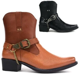 GENTS COWBOY RIDING ANKLE MENS CUBAN HEEL SLIP ON BUCKLE BIKER CHAIN BOOTS SHOES - Picture 1 of 4