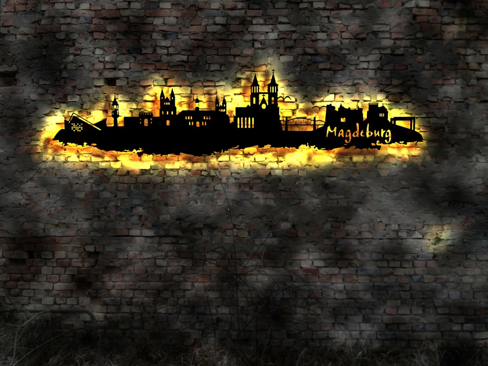 LED Skyline Magdeburg  no Buch Reise Führer Neon Reklame Wandtattoo Stadtplan - Bild 1 von 1