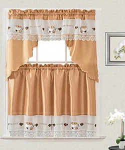 Coffee Cup Macrame Design Kitchen Curtain with Swag and Tier Set 36 inch Gold - Picture 1 of 5