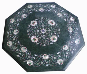 18" Green Marble Table Top Semi Precious Stones Inlay Handicraft - Picture 1 of 1