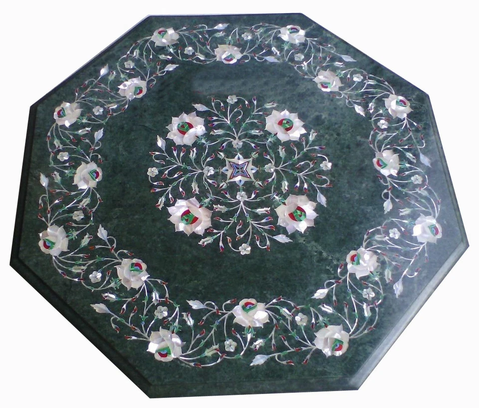 18" Green Marble Table Top Semi Precious Stones Inlay Handicraft - Image 1 of 1