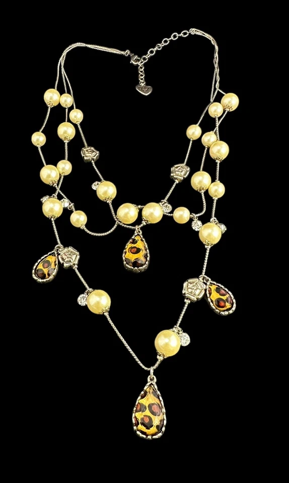 BETSEY JOHNSON Necklace Pearl Rhinestone Three Strand Gold Tone Chain Adjustable - Image 1 of 4