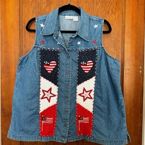 Vintage Fashion Bug Americana stelle ricamate bandiera USA denim canotta canotta 18/20W - Foto 1 di 10