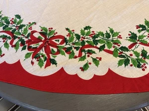 Vintage Weihnachten Stechpalme Beeren Rund Leinen 70" Tischdecke HINWEIS LESEN - Bild 1 von 6