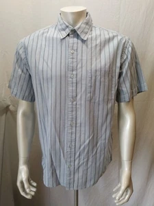 Roots 73 Men's Medium Button Up Short Sleeve Blue Striped Cotton Casual Shirt - Picture 1 of 7