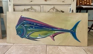 Quadro Asher Robinson 48”x19,5” arte popolare pesce su tavola sottile. Arte da spiaggia - Foto 1 di 7