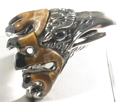 ANILLO 925 ESTERLINA CABEZA DE ÁGUILA GRANDE DISEÑO OJO DE TIGRE JASPE ÓNIX TALLA 12 10,83g Foto 1 de 4