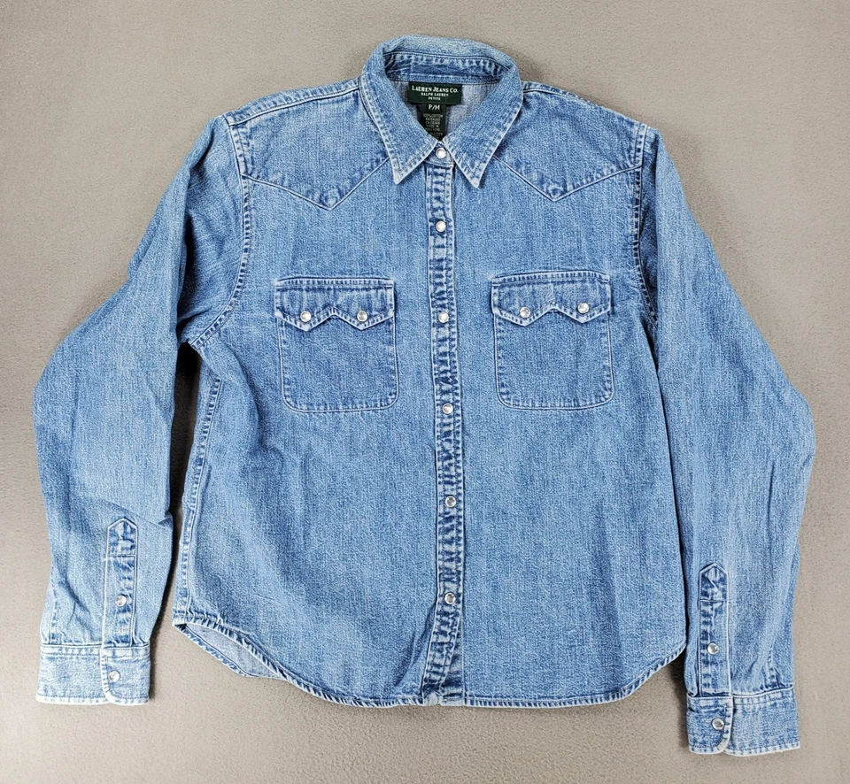 Lauren Jeans Ralph Lauren Pearl Snap Shirt Top Size PM Denim Embroidered Western - Image 1 of 4