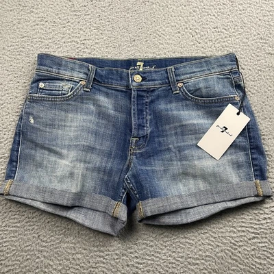NUEVO 7 For All Mankind Pantalones Cortos Mujer 28 Azul Slouchy tiro Medio Puños Botón Mosca Foto 1 de 4