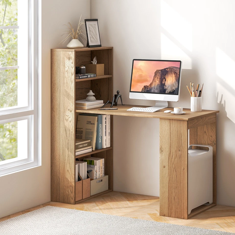 Costway Computer Desk Writing Workstation Office 6-Tier Storage Shelves Natural