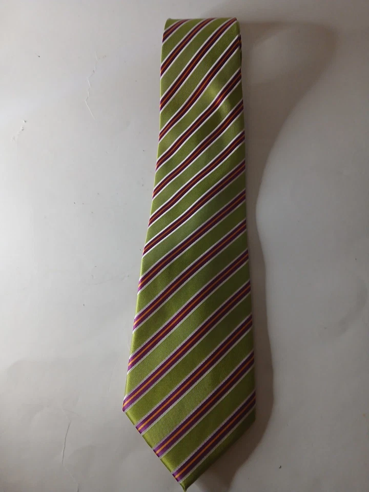 BELINDA FIRENZE MEN'S TIE 100%  SILK LIME GREEN STRIPED *MADE IN ITALY CLASSIC - Image 1 of 4