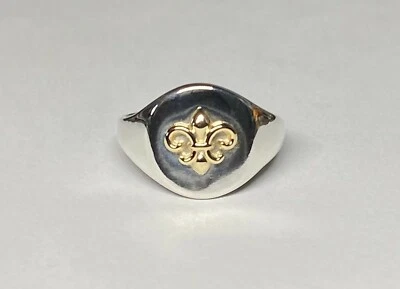 Nuevo anillo de sello de plata esterlina y 14K con emblema de flor de lis para damas Foto 1 de 4