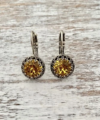 Pendientes de cristal con palanca placa de plata antigua hechos a la moda con amarillo Swarovski Foto 1 de 4