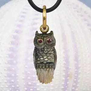 18K Gold Vermeil Sterlingsilber Perlmutt Eule Hängelampe Rot Rubin Augen - Bild 1 von 9